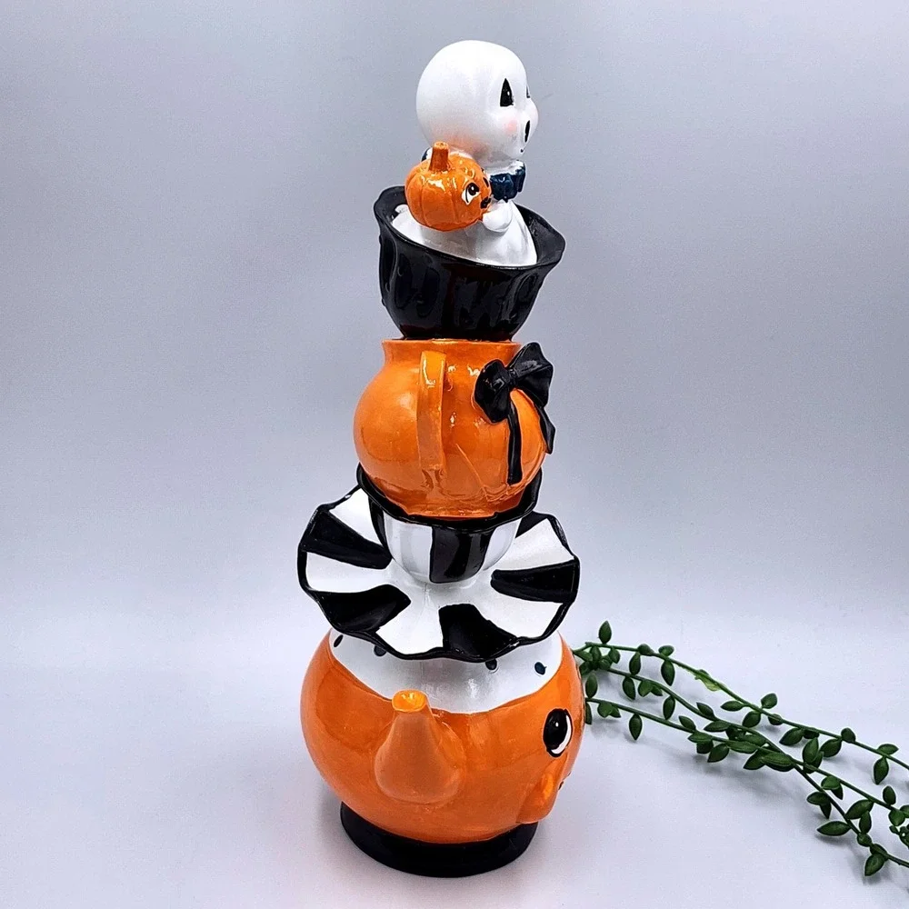 Halloween Stacked Ghost Pumpkin Teapot Teacup Figurine 12.5